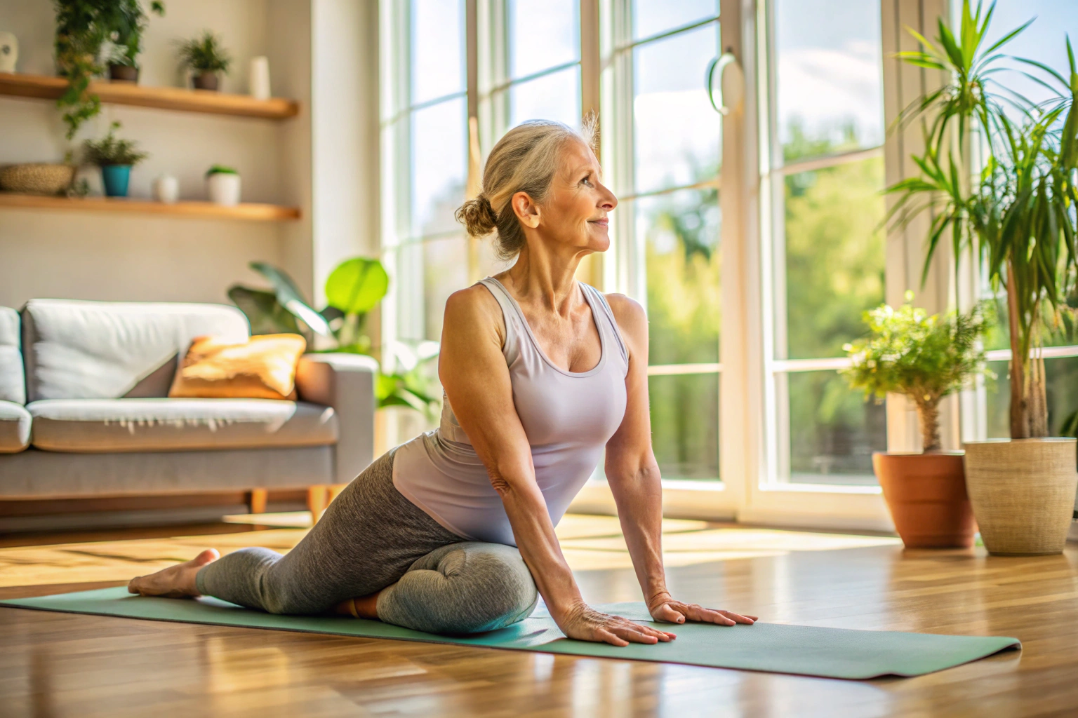 A middle-aged woman in athletic wear performing a gentle yoga stretch in a peaceful home environment, with natural light and no distractions